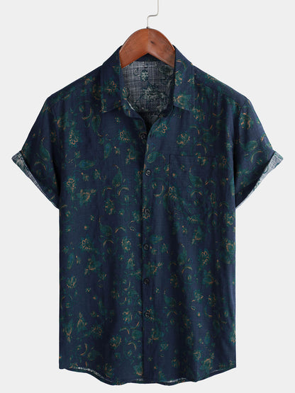 Men's Blue Floral Holiday Casual Pocket Short Sleeve Button Up Shirt
