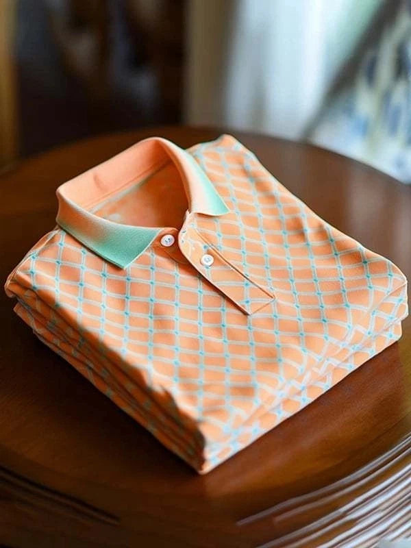 Men's Business Classic Diamond Twill Logo Button Short Sleeve Polo Shirt