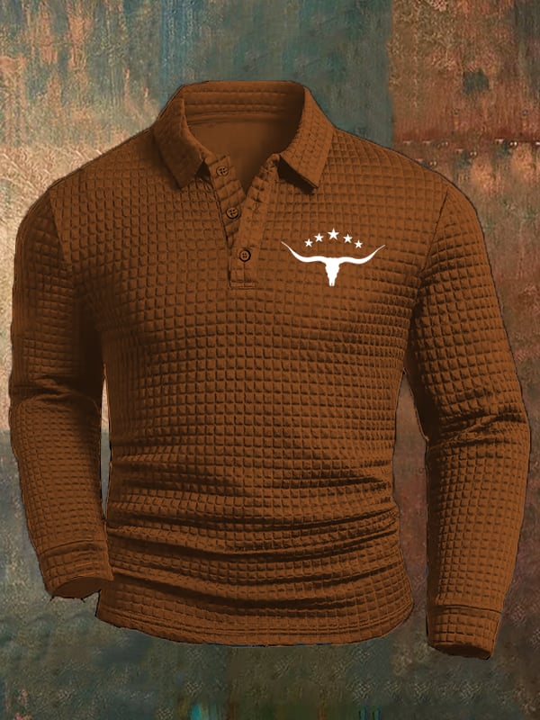 Men's Western Cow Head Design Casual Square Fabric Polo Shirt