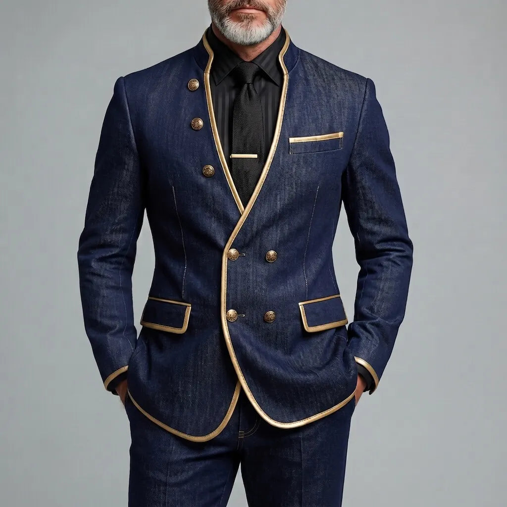Men's Navy Blue Denim Contrast Piping Stand Collar Double-Breasted Jacket