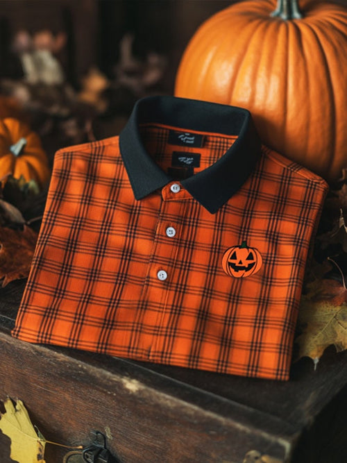Men's Halloween Plaid Pumpkin Casual Print Polo Shirt