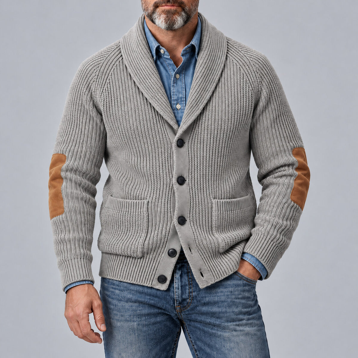 Men's Navy Blue Shawl Lapel Single Breasted Patchwork Ribbed Knit Sweater Cardigan