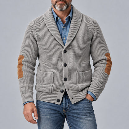 Men's Navy Blue Shawl Lapel Single Breasted Patchwork Ribbed Knit Sweater Cardigan