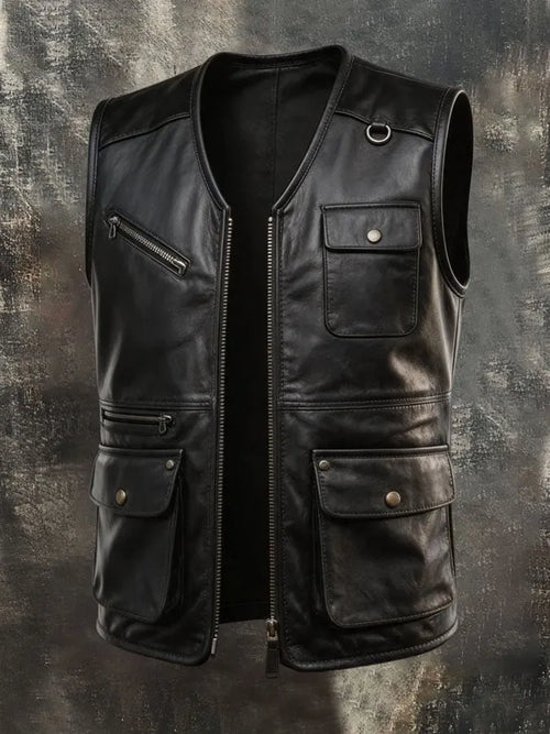 Men's Vintage Outdoor Multi-Pocket Soft Leather Vest Jacket