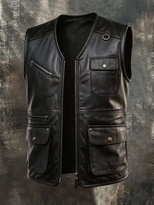 Men's Vintage Outdoor Multi-Pocket Soft Leather Vest Jacket