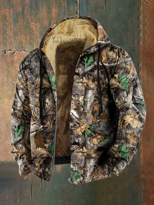 Men's Retro Camouflage Deer Print Hooded Zip Sweatshirt Jacket
