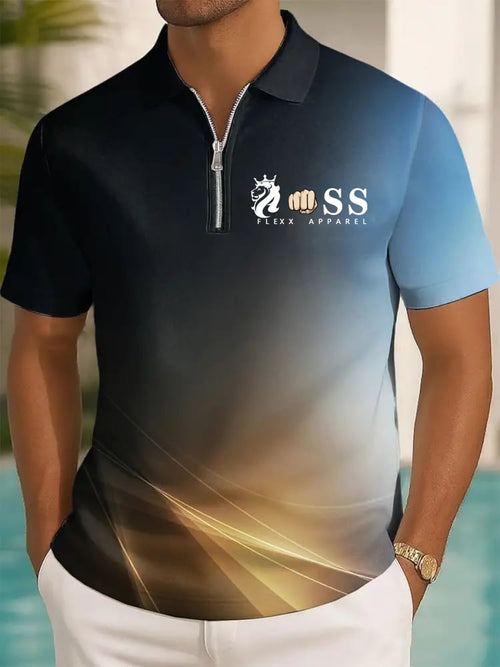 Men's Retro Letter Design Printed Casual Zipper Polo Shirt