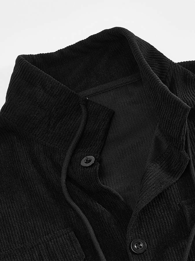 Men's Jacquard Stand Collar Solid Color Retro Multi-Pocket Jacket