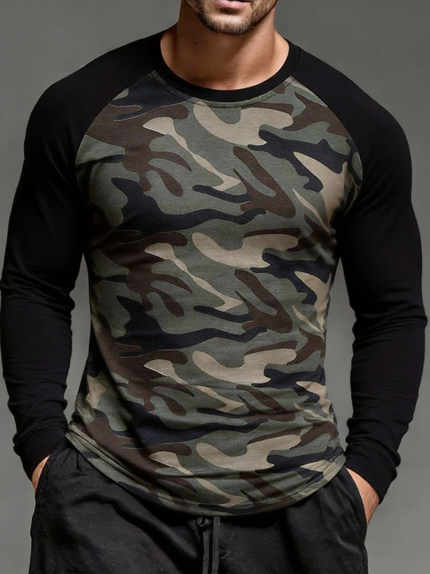 Men's Vintage Camouflage Color-Block Long-Sleeved T-Shirt
