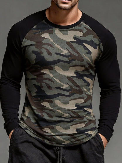 Men's Vintage Camouflage Color-Block Long-Sleeved T-Shirt