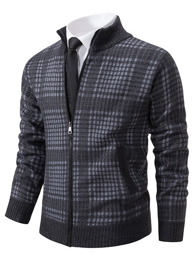Men's Fashionable Plaid Design Warm Zipper Sweater Jacket