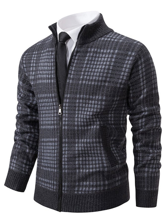 Men's Fashionable Plaid Design Warm Zipper Sweater Jacket
