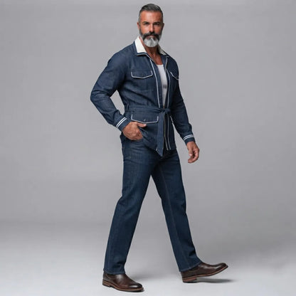Men's Navy Blue Denim Multi-Pockets Contrast Piping Belted Zip-Up Safari Jacket