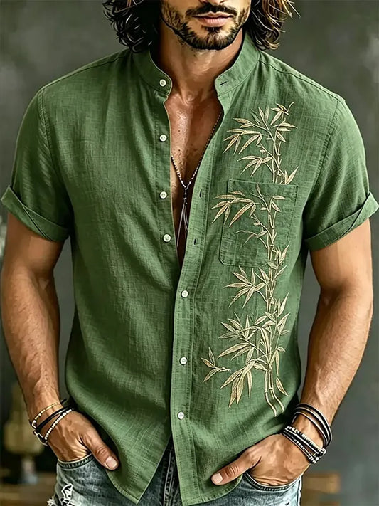 Men's Retro Bamboo Grove Japanese Art Print Short Sleeve Shirt