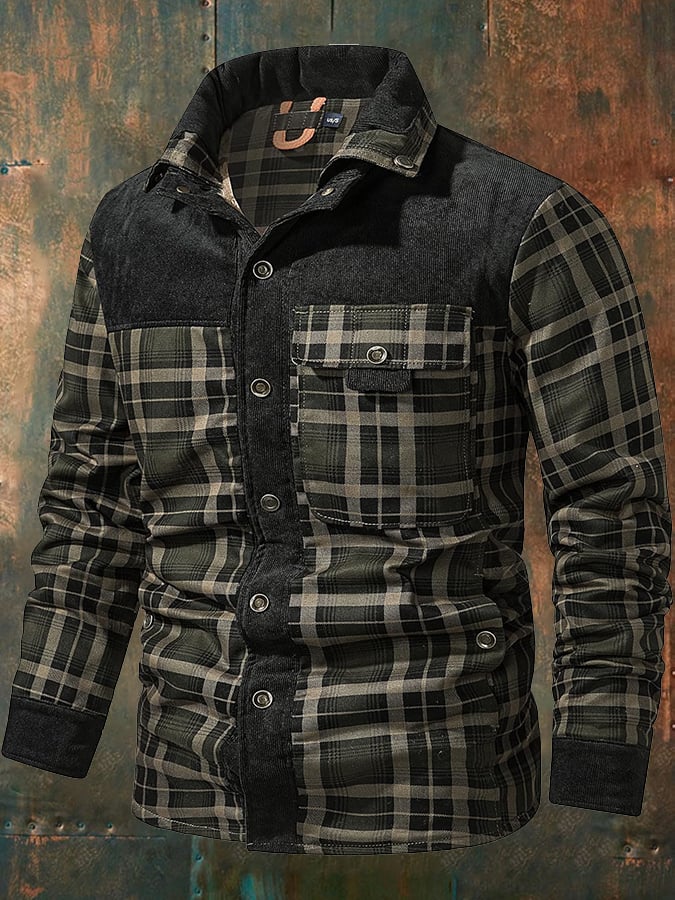 Men's Vintage Plaid Stand Collar Plus Velvet Autumn And Winter Jacket