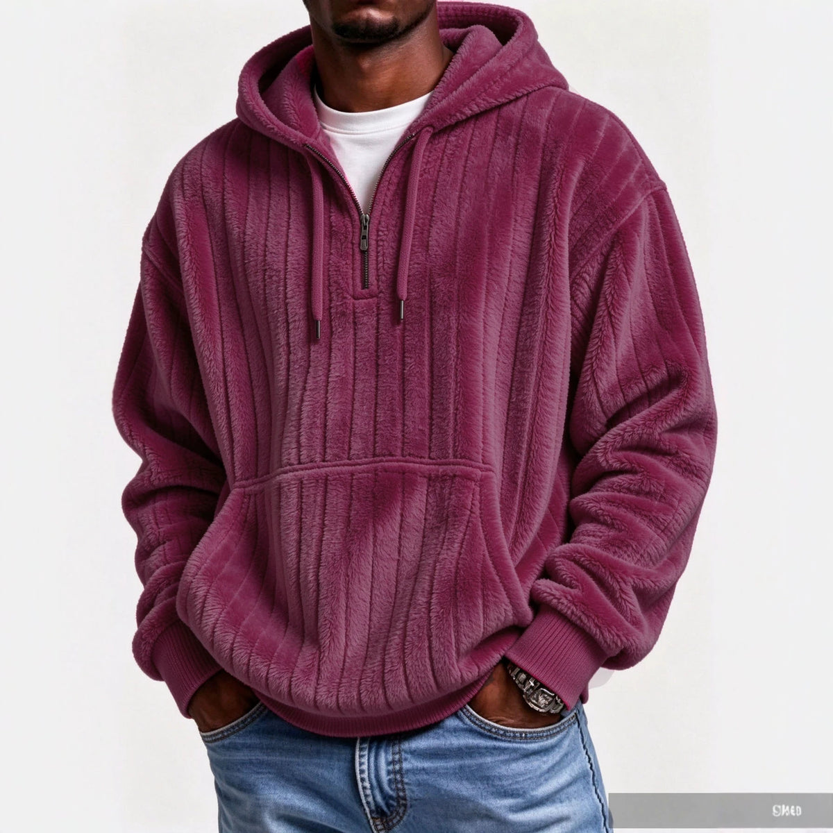 Men’s Vertical Striped Soft Fuzzy Half Zip Hooded Sweatshirt