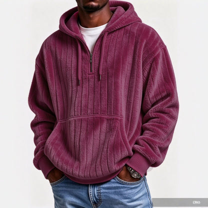 Men’s Vertical Striped Soft Fuzzy Half Zip Hooded Sweatshirt