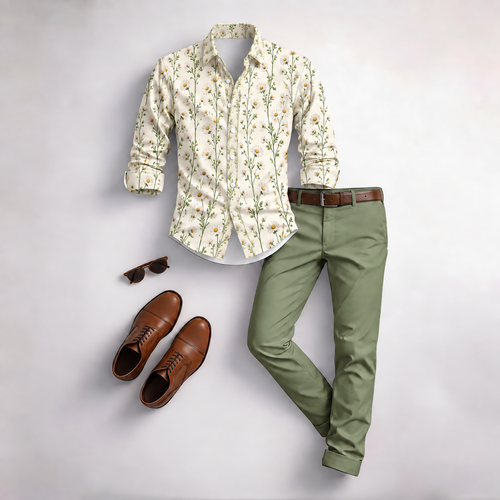 Men's Vintage Floral Print Long-Sleeve Shirt and Pants 2-Piece Set