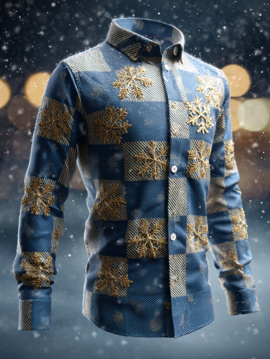 Men's Business Luxury Retro Christmas Plaid Snowflake Long Sleeve Shirt