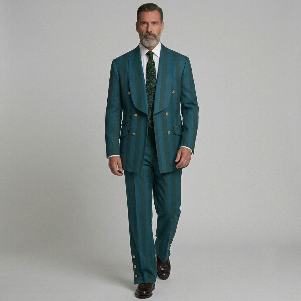 Men's Teal Contrast Striped Print Side Buttons High Waist Wide Leg Suit Pants