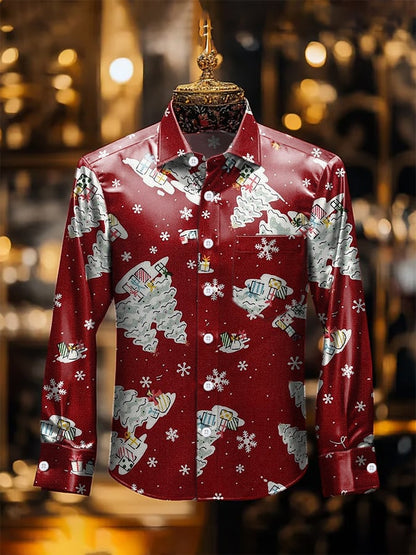 Men's Luxury Christmas Contrast Print Long Sleeve Pocket Shirt