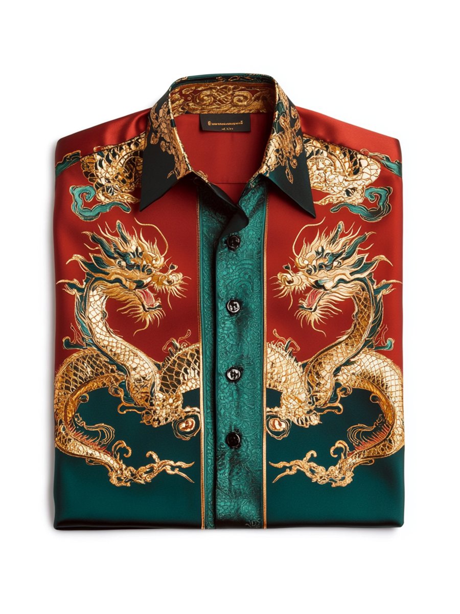 Men's Satin Luxe Dragon Long Sleeve Button Down Shirt