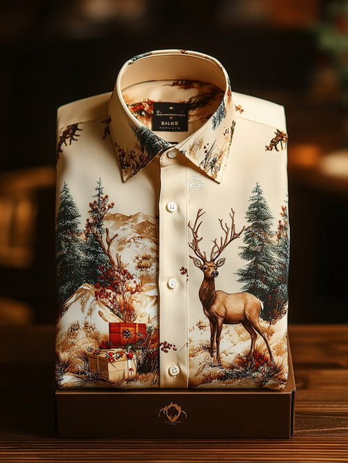 Men's Business Retro Christmas Gift Elk Print Long Sleeve Shirt