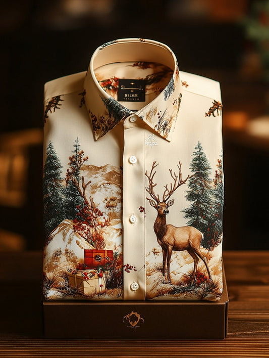 Men's Business Retro Christmas Gift Elk Print Long Sleeve Shirt