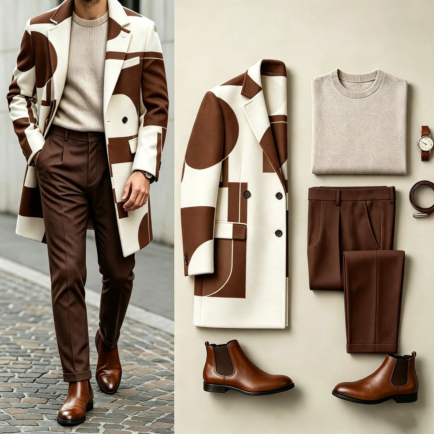 Men's Two-Tone Three-Piece Set: Mid-Length Wool Coat, Crew-Neck Sweater, and Flowy Dress Pants