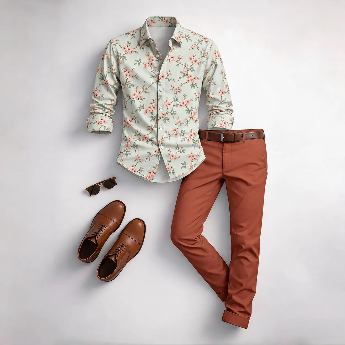 Men's Vintage Floral Print Long-Sleeve Shirt and Pants Set