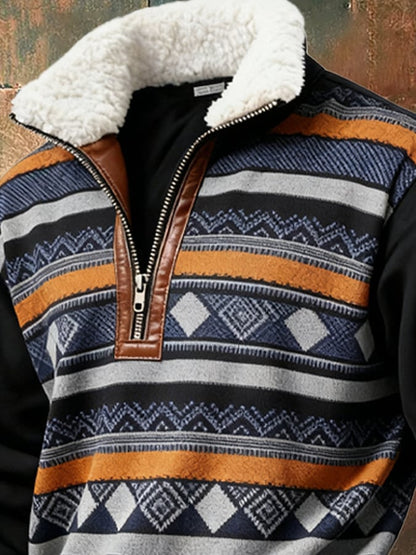 Men's Retro Color Block Print Casual Fur Collar Long Sleeve Sweatshirt