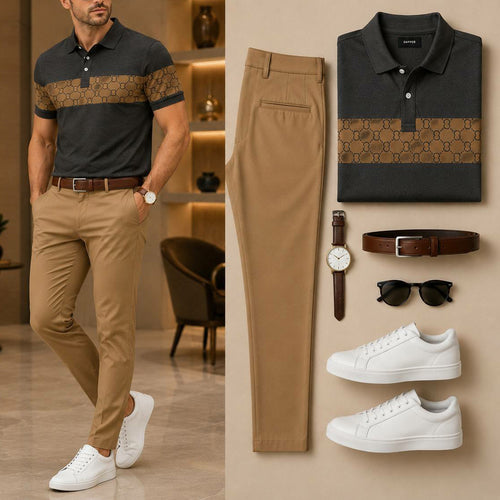 Men's Casual Dark Grey & Khaki Printed Polo Shirt And Pants Two-Piece Set
