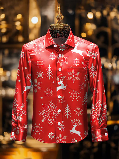 Men's Luxury Christmas Contrast Print Long Sleeve Pocket Shirt