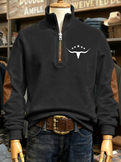 Men's Retro Western Cow Head Print Casual Zipper Sweatshirt