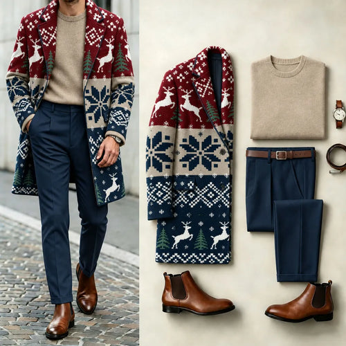 Men's Fair Isle Print Suit Set: Coat, Knit Sweater, and Pants