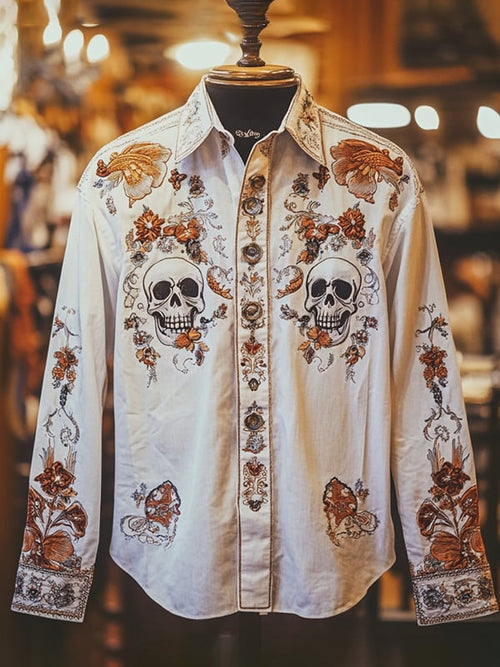Men's Retro Casual Skull Print Long Sleeve Shirt