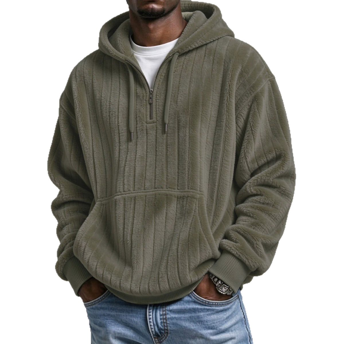 Men’s Vertical Striped Soft Fuzzy Half Zip Hooded Sweatshirt
