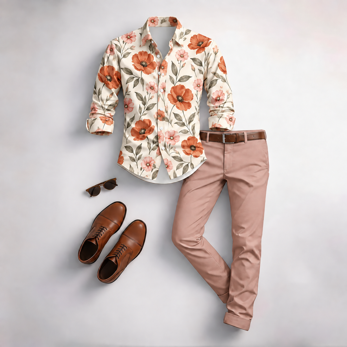 Men's Vintage Floral Print Long-Sleeve Shirt and Pants 2-Piece Set