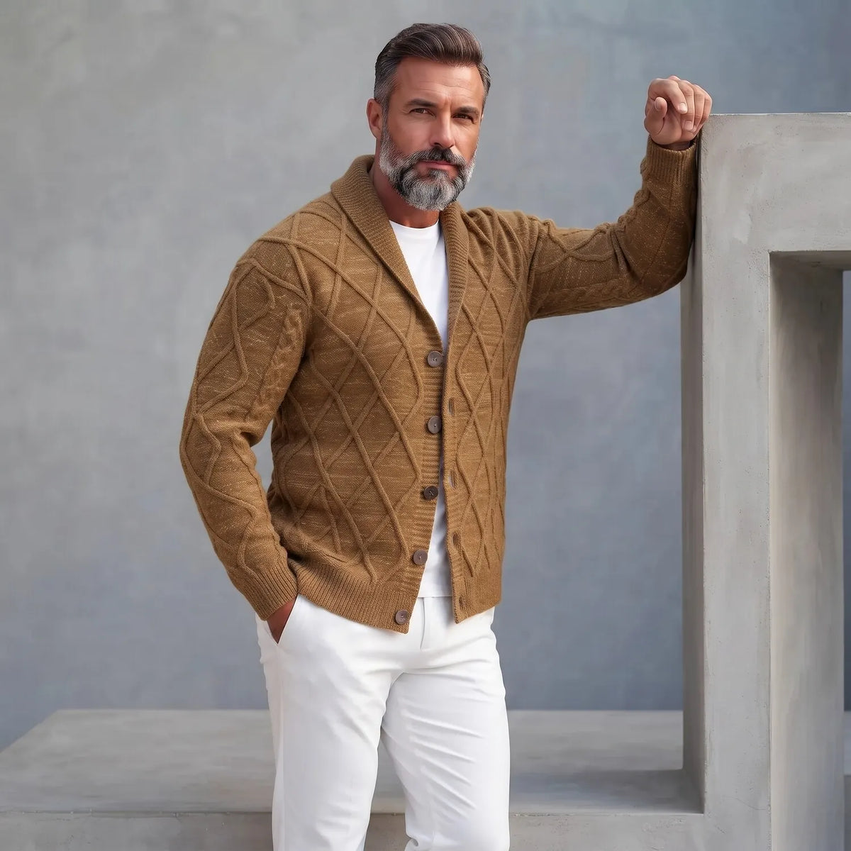 Men's Brown Diamond Pattern Shawl Lapel Single Breasted Cable Knit Sweater Cardigan