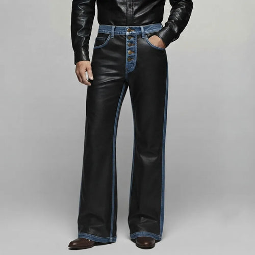 Men's Black PU Leather Denim Splicing Multi-Button Straight Leg Pants