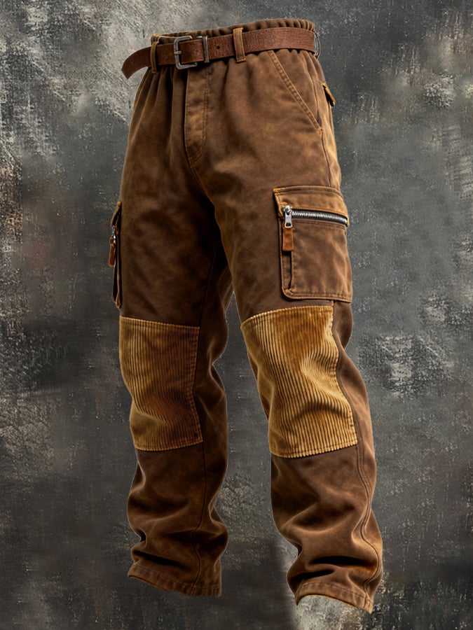 Men's Retro Stitching Functional Wear-Resistant Ripstop Zipper Pocket Work Pants