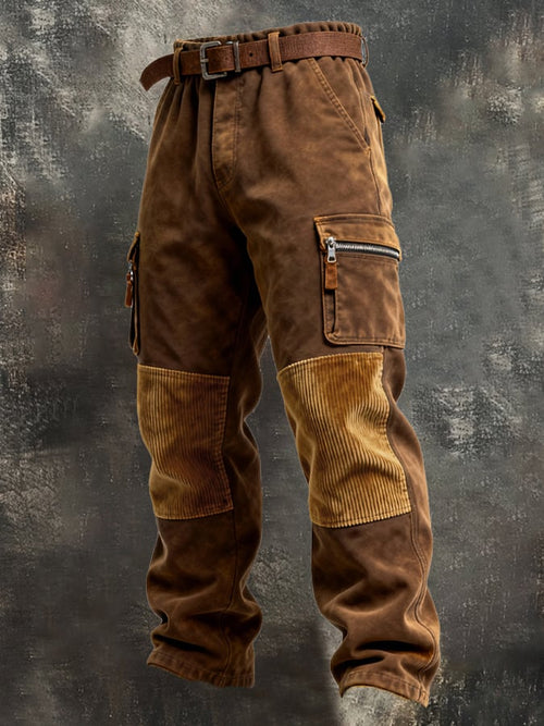 Men's Retro Stitching Functional Wear-Resistant Ripstop Zipper Pocket Work Pants