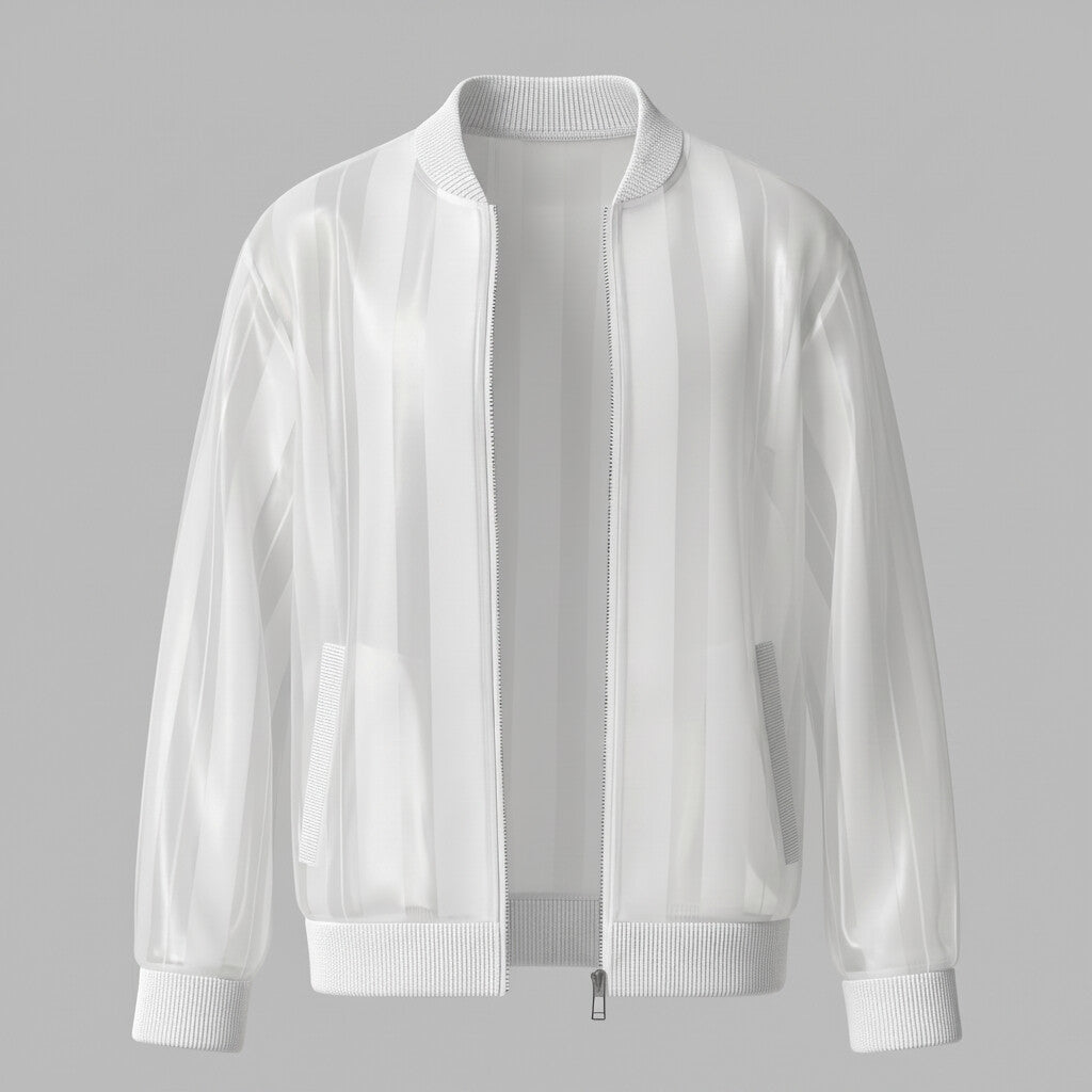 Men's Stylish White Organza Semi-Sheer Striped Zip-Up Jacket