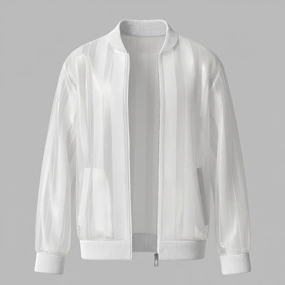 Men's Stylish White Organza Semi-Sheer Striped Zip-Up Jacket