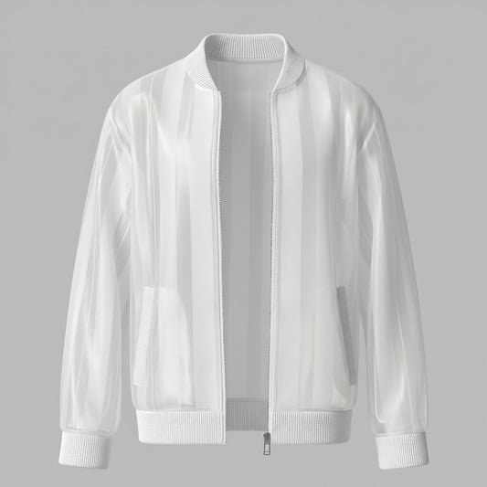 Men's Stylish White Organza Semi-Sheer Striped Zip-Up Jacket