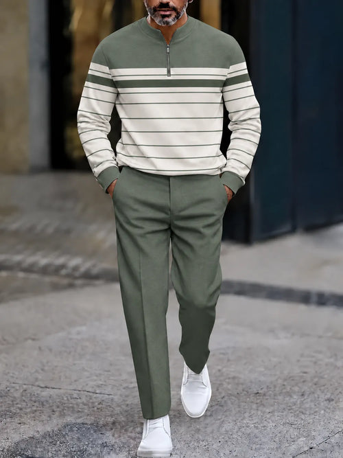 Men's Printed Zipper Polo Shirt and Pants Set