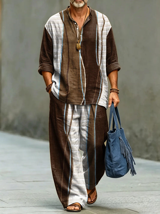 Men's Fashionable Abstract Stripe Art Print Cotton Shirt Set