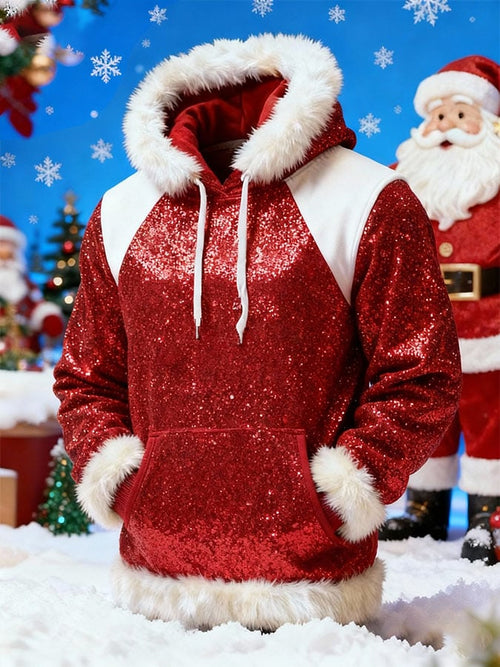 Men's Casual Patchwork Fur Collar Faux Sequin Print Hooded Sweatshirt