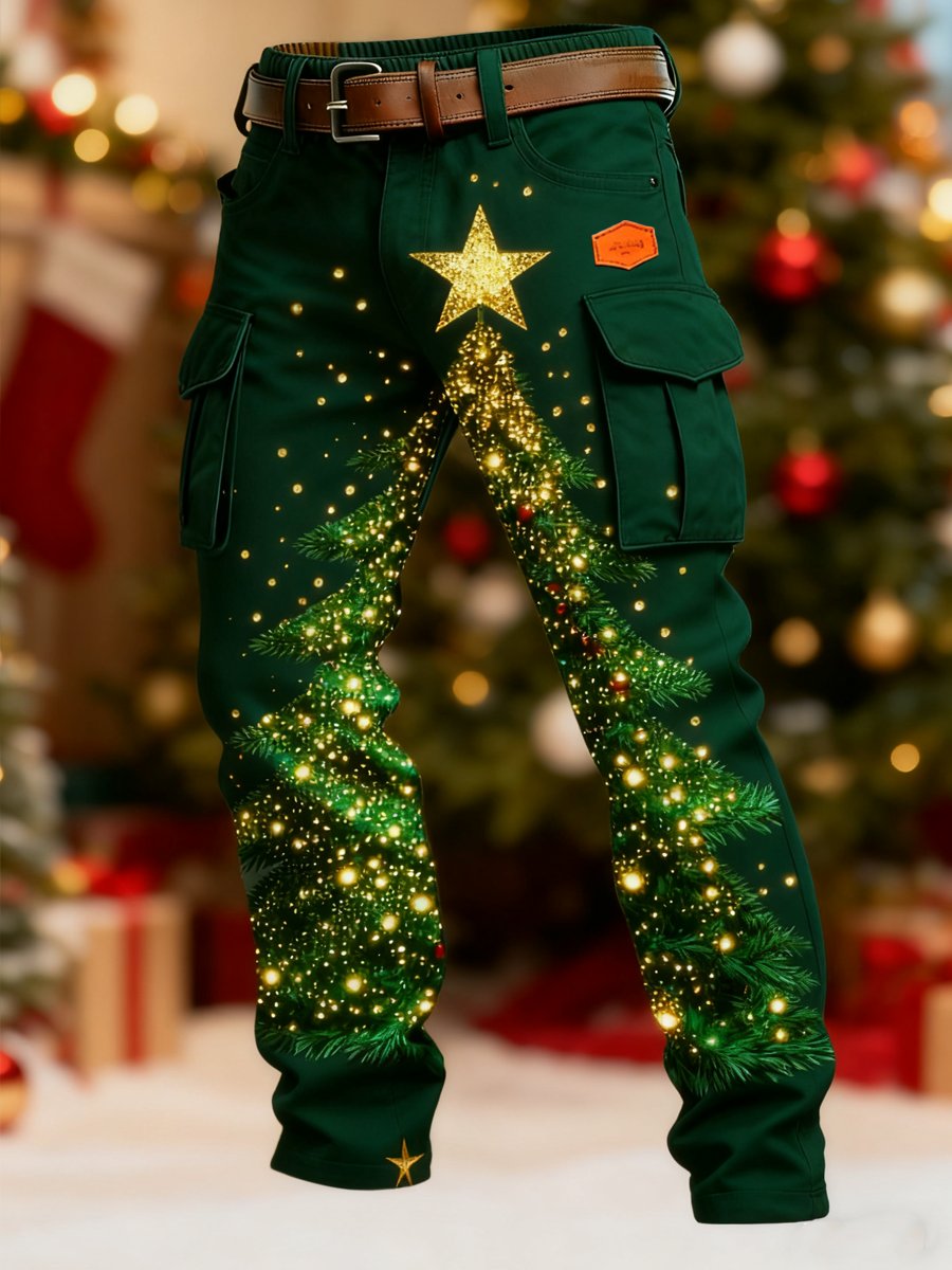 Men's Retro Christmas Evergreen Print Cargo Pants