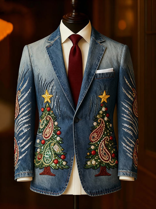 Men's Luxury Christmas Evergreen Snowflake Lapel Suit Jacket